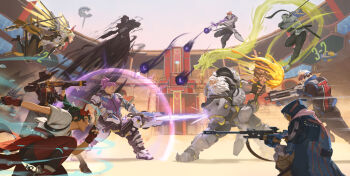 4boys 6+girls :d absurdres aiming ana_(overwatch) ashe_(overwatch) beard black_coat black_gloves black_hood blonde_hair clip_studio_paint_(medium) coat commentary cyborg dragon dual_wielding energy_beam energy_cannon english_commentary facial_hair facial_mark fingerless_gloves floating flying from_side full_body genji_(overwatch) gloves glowing glowing_wings gun half_mask halo high_ponytail highres holding holding_gun holding_kunai holding_staff holding_sword holding_weapon hood katana kiriko_(overwatch) kunai long_beard long_sleeves mask mechanical_halo mechanical_wings mercy_(overwatch) moira_(overwatch) multiple_boys multiple_girls mustache nesskain official_art ofuda on_one_knee open_mouth orange_hair outdoors overwatch pink_hair ponytail profile reaper_(overwatch) red_gloves reinhardt_(overwatch) rifle scar scar_on_face shotgun skull_mask smile sniper_rifle soldier:_76_(overwatch) spread_wings stadium staff sword thick_beard topknot trench_coat weapon white_hair wings yellow_wings