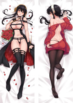 1girl ass back back_cutout bed_sheet black_hair black_pantyhose black_thighhighs bouquet breasts brown_pantyhose cleavage closed_mouth clothes_pull clothing_cutout dagger dakimakura_(medium) dress floral_print flower holding holding_dagger holding_knife holding_weapon knife large_breasts lying moeanime multiple_views navel no_bra no_shoes off-shoulder_dress off-shoulder_sweater off_shoulder on_back on_stomach panties panties_under_pantyhose pantyhose parted_lips petals red_eyes red_flower red_rose red_sweater revealing_clothes rose rose_petals rose_print spy_x_family stiletto_(weapon) sweater sweater_pull thighhighs thong two-sided_dress two-sided_fabric underwear weapon yor_briar