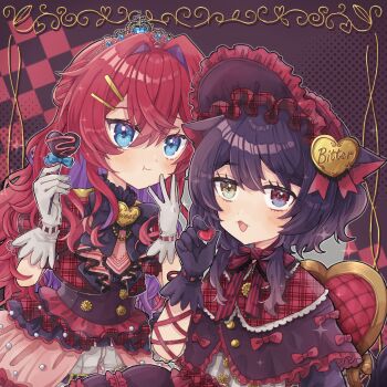 Rule 34 | 2girls, :3, :t, alternate costume, ange katrina, animal ears, arm ribbon, blue eyes, blush, bonnet, bow, bowtie, brown background, brown hair, buttons, candy, capelet, checkered background, chocolate, chocolate heart, chu mochi, closed mouth, commentary request, cropped jacket, crossed bangs, dog ears, dog girl, double-breasted, eating, eyelashes, fang, food, frilled bonnet, frilled skirt, frills, gloves, grey bow, grey bowtie, grey gloves, grid print, hair between eyes, hair intakes, hair ornament, hairpin, half updo, hands up, heart, heart-shaped food, heterochromia, highres, holding, holding chocolate, holding food, inui toko, jacket, lace-trimmed bowtie, layered skirt, long hair, looking at viewer, multiple girls, multiple hairpins, nijisanji, open mouth, plaid clothes, plaid jacket, plaid skirt, print bow, print bowtie, purple capelet, red background, red bonnet, red bow, red bowtie, red eyes, red hair, red jacket, red ribbon, red skirt, ribbon, showgirl skirt, skirt, striped bow, striped bowtie, striped clothes, tiara, unmoving pattern, very long hair, virtual youtuber, white gloves, yellow eyes