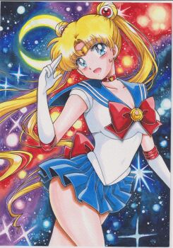 1girl absurdres arms_behind_head arms_up back_bow bishoujo_senshi_sailor_moon bishoujo_senshi_sailor_moon_(first_season) blonde_hair blue_eyes blue_sailor_collar blue_skirt bow bowtie breasts brooch chikoto_(kztc4472) choker circlet closed_mouth collarbone commentary cowboy_shot crescent crescent_earrings double_bun earrings elbow_gloves full_moon gloves hair_bun highres jewelry long_hair looking_at_viewer magical_girl medium_breasts miniskirt moon open_mouth parted_bangs pleated_skirt red_bow red_bowtie red_choker sailor_collar sailor_moon sailor_senshi_uniform shirt short_sleeves skirt solo star_(sky) starry_sky_background thighs transformation_brooch_(sailor_moon) tsukino_usagi twintails very_long_hair white_gloves white_shirt