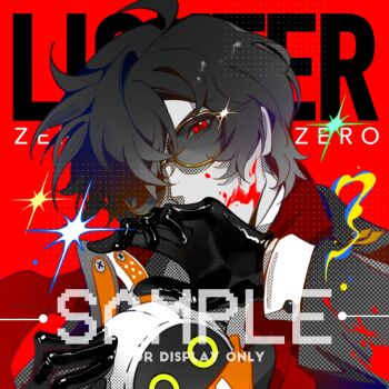 1boy 1other alternate_eye_color alternate_hair_color bandana bandana_around_neck bangboo_(zenless_zone_zero) black_gloves black_hair blood blood_on_clothes blood_on_face character_name commentary covering_own_mouth english_text eous_(zenless_zone_zero) gloves grey_jacket hair_over_one_eye highres jacket latex latex_gloves lighter_(zenless_zone_zero) looking_at_viewer male_focus orange_bandana red_background red_eyes red_scarf sample_watermark saskeboom scarf short_hair smoke sparkle sunglasses upper_body watermark zenless_zone_zero