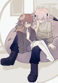 2girls aqua_eyes bean_bag_chair black_boots black_pants blush boots brown_hair brown_jacket chiyoda_momo commentary demon_girl demon_horns demon_tail grey_sweater hand_on_another&#039;s_face hashtag-only_commentary highres horns jacket long_hair machikado_mazoku medium_hair multiple_girls one_eye_closed pants pink_hair purple_shorts shorts sitting sitting_on_lap sitting_on_person sweat sweater tail tail_wrap thighhighs white_thighhighs xkylssuqsc78381 yellow_eyes yoshida_yuuko yuri