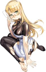 Rule 34 | 1girl, ass, barefoot, blonde hair, breasts, cleavage, cocktail glass, cup, dress, drinking glass, full body, glasses, green eyes, holding, holding cup, kantai collection, large breasts, long hair, looking back, northampton (kancolle), northampton kai (kancolle), official art, panties, semi-rimless eyewear, solo, thighhighs, underwear, white dress, zeco