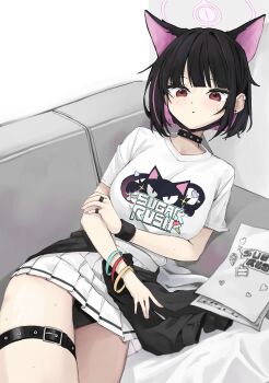 1girl absurdres animal_ears belt black_choker black_hair black_jacket black_panties blue_archive blush bracelet breasts cat_ears choker clothes_around_waist colored_inner_hair commentary_request couch extra_ears halo highres holding jacket jeon_(user_ywaw3774) jewelry kazusa_(band)_(blue_archive) kazusa_(blue_archive) looking_at_viewer lying multicolored_hair official_alternate_costume on_couch panties paper pink_hair pink_halo pleated_skirt print_shirt red_eyes ring shirt short_hair short_sleeves skirt solo thigh_belt thigh_strap thighs two-tone_hair underwear white_shirt white_skirt wristband
