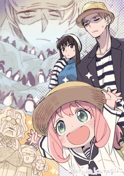 2boys 5girls :d adoptive_parent_and_adoptive_child anya_(spy_x_family) arms_up bird black_jacket black_neckerchief blonde_hair blue_dress blush character_request child commentary_request dress family father_and_daughter fedora green_eyes hairband hat jacket katagiri_atsuko long_sleeves looking_at_another medium_hair mother_and_daughter multiple_boys multiple_girls neckerchief old old_woman open_clothes open_jacket open_mouth parted_lips penguin pink_hair red_eyes sailor_collar scene_reference shirt short_hair short_hair_with_long_locks smile sparkle spy_x_family striped_clothes striped_shirt suit_jacket sweatdrop tareme twilight_(spy_x_family) very_short_hair white_hairband white_sailor_collar white_shirt yellow_hat yor_briar