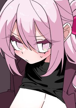 blush blush_stickers breasts cleavage commentary_request crop_top crop_top_lift cropped_head cropped_torso flustered hair_between_eyes hair_ornament highres jacket large_breasts oimotororo1116 open_clothes open_jacket original pink_eyes pink_hair ponytail sidelocks sweat thick_eyelashes