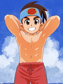 1boy absurdres arms_behind_back blue_headband blue_sky cloud grin headband highres lan_hikari_(mega_man) looking_at_viewer male_focus mega_man_(series) mega_man_battle_network_(series) muscular muscular_child muscular_male navel red_shorts shorts sky smile topless_male west_one