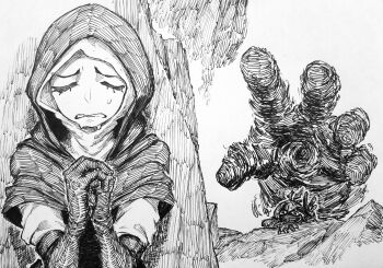 1boy 1girl absurdres black_capelet black_gloves capelet chronozbergh closed_eyes commentary crying elden_ring elden_ring_nightreign english_commentary gloves greyscale hatching_(texture) hiding highres hood ironeye_(elden_ring) linear_hatching mask monochrome nun own_hands_clasped own_hands_together praying reaching reaching_towards_another traditional_media undertaker_(elden_ring) upper_body white_coif