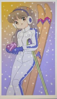 1girl :q blue_gloves border box brown_eyes brown_hair chocolate_derringer chocolate_sundae_(chocolate_derringer) commentary_request earmuffs feet_out_of_frame food gift gift_box gloves grey_border heart-shaped_box highres holding holding_food jumpsuit long_hair mizutani_kenta purple_ribbon ribbon ski_pole skis snowing solo standing tongue tongue_out valentine white_jumpsuit winter zipper