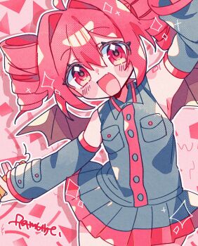 Rule 34 | 1girl, :d, ahoge, arm up, bare shoulders, bat wings, black shirt, black skirt, black sleeves, blush stickers, breast pocket, buttons, collared shirt, commentary, cowboy shot, detached sleeves, dot nose, double-parted bangs, drill hair, fang, hair between eyes, hair intakes, highres, kasane teto, kasane teto (utau), long sleeves, looking at viewer, miniskirt, number tattoo, open mouth, outline, pleated skirt, pocket, red eyes, red hair, shirt, short hair, shoulder tattoo, sidelocks, skin fang, skirt, sleeveless, sleeveless shirt, smile, solo, sparkle, symbol-only commentary, tattoo, twin drills, utau, white outline, wings, yuusuke-kun