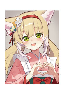 1girl :d animal_ear_fluff animal_ears apron arknights blonde_hair bow commentary_request dot_nose dr.lamina flower fox_ears fox_girl green_eyes hair_flower hair_ornament hairband heart heart_hands highres japanese_clothes kimono long_hair looking_at_viewer open_mouth pink_kimono polaroid_photo red_bow red_hairband red_ribbon ribbon simple_background smile solo suzuran_(arknights) suzuran_(yukibare)_(arknights) upper_body white_flower