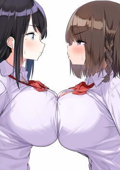 2girls black_hair blue_eyes blush bow bowtie bra bra_peek braid breast_contest breast_press breasts brown_hair button_gap collared_shirt commentary earrings eye_contact huge_breasts inconvenient_breasts jewelry kaisen_chuui large_breasts lips long_hair looking_at_another mole mole_under_eye multiple_girls necktie original pink_bra purple_eyes red_bow red_neckwear school_uniform shirt short_hair simple_background single_braid symmetrical_docking underwear upper_body white_background white_shirt