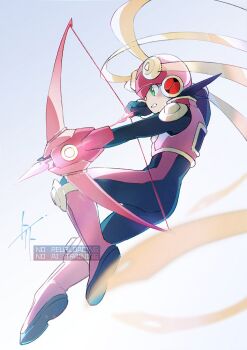 arrow_(projectile) black_bodysuit bodysuit bow_(weapon) from_side full_body green_eyes grey_background helmet highres jacket mega_man_(series) mega_man_battle_network_(series) megaman.exe pink_helmet pink_jacket profile roll.exe_(mega_man) simple_background to_i_to_io weapon
