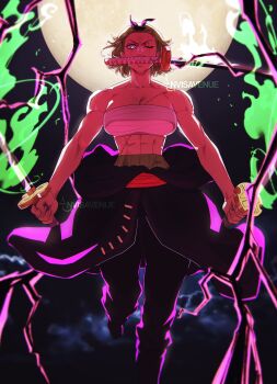 Rule 34 | 1girl, abs, absurdres, bandaged chest, black pants, boots, commentary, earrings, envi2hands, feet out of frame, genderswap, genderswap (mtf), green hair, haki (one piece), haramaki, highres, holding, holding sword, holding weapon, japanese clothes, jewelry, kimono, one eye closed, one piece, pants, roronoa zoro, scar, scar across eye, scar on face, short hair, solo, stitched torso, stitches, sword, sword in mouth, v-shaped eyebrows, weapon