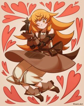 1girl ankle_boots belt belt_pouch blush boots breasts brown_boots brown_gloves brown_hair brown_overalls brown_ribbon brown_sleeves character_doll detached_sleeves doll dwarf eyebrows_hidden_by_hair full_body gloves hair_between_eyes heart heart_background highres juliette_(mushoku_tensei) jumping large_ribbon long_hair looking_at_object mushoku_tensei one_eye_closed overalls pants pouch ravi-617 ribbon signature small_breasts smile solo very_long_hair waist_ribbon white_pants zanoba_shirone