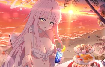 2girls animal_ear_fluff animal_ears armpit_crease backlighting beach bikini blonde_hair blue_archive blunt_bangs blurry blush bow bow_bikini breasts cellphone choker cleavage cloud collarbone commentary_request cup depth_of_field eyelashes fingernails food fox_ears fox_girl frilled_bikini frills furrowed_brow glint halo halterneck hand_up highres holding holding_cup holding_phone holy-san_(makuu) large_breasts long_hair looking_at_viewer macaron mika_(blue_archive) mika_(swimsuit)_(blue_archive) multiple_girls navel o_o ocean one-piece_swimsuit open_mouth orange_sky outdoors palm_tree parted_lips peeking_out phone pink_hair pink_halo pov sandwich seia_(blue_archive) seia_(swimsuit)_(blue_archive) shell shirt_tug shy sitting sky smartphone smile solo_focus sparkle starfish straight_hair sun sunlight sunset sweets swimsuit table taking_picture tree upper_body very_long_hair when_you_see_it white_bikini white_bow white_choker white_one-piece_swimsuit yellow_eyes