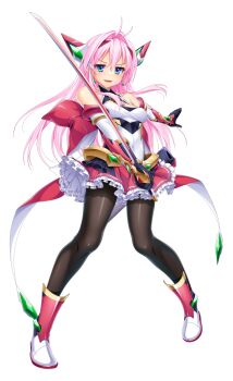 Rule 34 | 1girl, aikawa haruno, antenna hair, bare shoulders, black gloves, black pantyhose, blue eyes, boots, breasts, chest jewel, clothing cutout, covered navel, earrings, elbow gloves, exs-tia ignis, frilled skirt, frills, full body, game cg, gloves, hair intakes, hair ornament, hairband, headgear, holding, holding sword, holding weapon, jewelry, kamitsurugi ouka, kouyoku senki exs-tia concert, large variant set, legs apart, leotard, long hair, looking at viewer, magical girl, medium breasts, non-web source, official art, open mouth, pantyhose, pink hair, pink skirt, pleated skirt, shiny clothes, skirt, smile, solo, standing, sword, tachi-e, transparent background, variant set, weapon