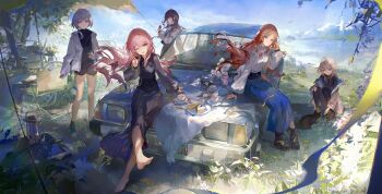 5girls absurdres bang_dream! bang_dream!_it's_mygo!!!!! barefoot black_cat black_dress black_shorts blue_sky boots brown_hair camera car cat chair chihaya_anon cup day dress fork grey_hair highres jacket kaname_raana looking_at_viewer motor_vehicle multiple_girls mygo!!!!!_(bang_dream!) nagasaki_soyo on_car open_clothes open_jacket outdoors picnic picnic_blanket pink_hair plate shiina_taki shirt shorts sky takamatsu_tomori teacup teapot v white_shirt zombie_ke