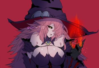 1girl arc_system_works bare_shoulders black_gloves black_sclera blazblue blazblue:_central_fiction breasts cleavage colored_sclera detached_sleeves fire gloves hair_over_one_eye hat konoe_a._mercury large_breasts long_hair looking_at_viewer mature_female parted_lips pink_hair purple_hat red_background simple_background smile solo upper_body witch witch_hat xico74 yellow_eyes