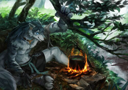 Rule 34 | 1boy, animal ear piercing, black gloves, black shorts, blue sclera, branch, campfire, closed mouth, collar, colored sclera, cooking pot, fantasy, fork, furry, furry male, gloves, grey fur, grey hair, holding, holding branch, holding fork, kuro dora, long hair, male focus, nature, original, outdoors, sandals, shorts, single glove, smile, snout, solo, stream, tail, toned, toned male, topless, tree