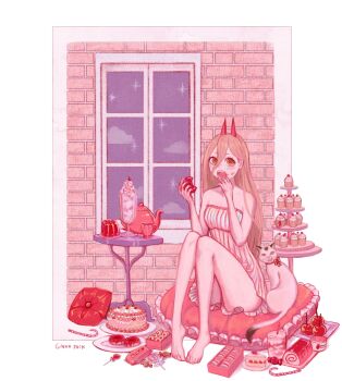 1girl animal bare_shoulders barefoot blonde_hair cake cat chainsaw_man cross-shaped_pupils cupcake demon_girl demon_horns dessert donut dress food food_on_face full_body ginka_jack highres holding holding_food horns long_hair meowy_(chainsaw_man) pink_theme power_(chainsaw_man) red_horns sharp_teeth signature sitting_on_pillow sleeveless solo symbol-shaped_pupils teapot teeth white_background white_dress window yellow_eyes