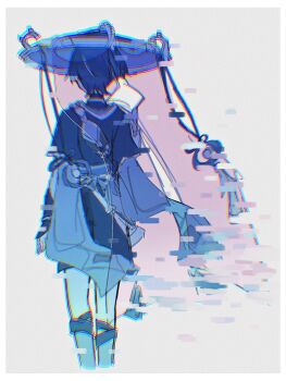 Rule 34 | 1boy, armor, arms at sides, bag, belt, blunt ends, bodysuit, border, facing away, from behind, furisode, genshin impact, glitch, grey background, hat, highres, hika skr, japanese armor, japanese clothes, jewelry, jingasa, juban, kimono, kote, male focus, monochrome, neck ring, open hand, rope, sash, scaramouche (genshin impact), shimenawa, shorts, solo, turtleneck, turtleneck bodysuit, veil, white border