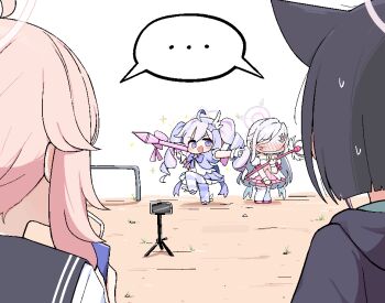 ... 4girls ahoge animal_ears black_hair blue_archive blush cat_ears dress halo holding holding_rocket_launcher holding_wand holding_weapon kazusa_(blue_archive) long_hair multiple_girls natsu_(blue_archive) open_mouth pink_hair pink_halo purple_eyes purple_hair reisa_(blue_archive) reisa_(magical)_(blue_archive) rocket_launcher short_hair short_sleeves smile spoken_ellipsis standing standing_on_one_leg striped_clothes striped_thighhighs suzumi_(blue_archive) suzumi_(magical)_(blue_archive) tagyeokgam thighhighs wand weapon white_hair
