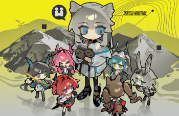&gt;_&lt; 6+girls :3 :d absurdres angelina_(arknights) animal_ears arknights arknights:_endfield arrow_(symbol) avywenna_(arknights) bare_shoulders bird_ears bird_girl black_dress black_eyes black_gloves black_jacket black_shoes black_thighhighs blue_eyes blue_hair blue_jacket blue_streaks brown_hair chen_qianyu_(arknights) chibi clipboard closed_mouth coat covering_own_mouth cropped_jacket detached_collar dragon_girl dragon_horns dress eastern_dragon_horns elevation_contour_lines facing_away facing_viewer fox_ears fox_girl ghost_(tama) gilberta_(arknights) gloves green_eyes grey_dress grey_hair grey_jacket hair_intakes hand_over_own_mouth highres holding holding_clipboard holding_sword holding_weapon horns jacket laevatein_(arknights) last_rite_(arknights) long_hair looking_at_another medium_hair mountain multicolored_hair multiple_girls no_mouth off_shoulder open_clothes open_jacket open_mouth over_shoulder own_hands_clasped own_hands_together pantyhose perlica_(arknights) pink_hair purple_eyes rabbit_ears rabbit_girl red_coat red_hair shoes short_dress single_glove single_thighhigh smile surtr_(arknights) sword thighhighs twintails veil very_long_hair weapon weapon_over_shoulder white_dress white_jacket xd yellow_background yvonne_(arknights)