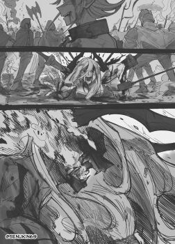 2girls absurdres artist_name axe battle battle_axe blank_eyes blood breasts commentary crowd doomsia dragon_girl dragon_horns fangs fire flashback greyscale highres holding holding_axe horns long_hair monochrome monster multiple_girls open_mouth original restrained senukin smoke stab tearing_up transformation weapon