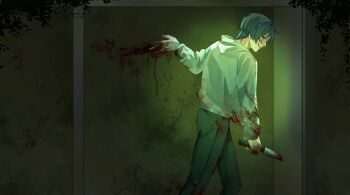 1boy alternate_costume arm_at_side blood blood_on_clothes blood_on_hands blood_on_wall bloody_weapon blunt_ends casual closed_mouth commentary contemporary crack cracked_wall crazy_eyes crazy_smile eyeliner eyeshadow from_side genshin_impact green_theme grey_hair grey_pants hand_on_wall hand_up highres holding holding_knife hood hood_down hooded_jacket horror_(theme) ichomint jacket knife long_sleeves looking_to_the_side makeup male_focus mid-stride pants profile purple_eyes red_eyeliner red_eyeshadow scaramouche_(genshin_impact) smile solo spotlight symbol-only_commentary tsurime watermark watermark_grid weapon white_hood white_jacket white_sleeves