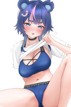 Rule 34 | 1girl, absurdres, animal ears, bear ears, bear girl, blue bra, blue eyes, blue panties, blush, bra, breasts, cleavage, clothes lift, commentary, fang, fujikura uruka, highres, lifting own clothes, motion lines, multicolored hair, myano art, navel, open mouth, panties, phase connect, pink hair, shirt, shirt lift, solo, stomach, streaked hair, sweat, underwear, virtual youtuber, white background, white shirt