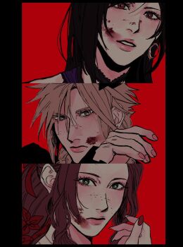 1boy 2girls aerith_gainsborough aerith_gainsborough_(red_dress) black_border black_hair black_sleeves blonde_hair blood blood_on_face blue_negligee border bow braid brown_hair choker cloud_strife cloud_strife_(blue_dress) commentary_request crescent crescent_earrings crossdressing crossdressing_(mtf) earrings final_fantasy final_fantasy_vii final_fantasy_vii_remake flower gold_necklace green_eyes hair_between_eyes hair_flower hair_ornament hair_ribbon highres ht8207 jewelry lingerie multiple_girls necklace negligee official_alternate_costume parted_bangs parted_lips pink_nails ponytail red_bow red_eyes red_flower red_ribbon ribbon ribbon_choker sidelocks tifa_lockhart tifa_lockhart_(refined_dress) twin_braids underwear wiping_face