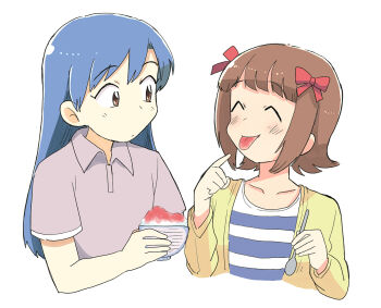 Rule 34 | 2girls, ^ ^, amami haruka, blue hair, bow, bowl, brown eyes, brown hair, closed eyes, collared shirt, commentary request, cropped torso, food, grey shirt, hair bow, holding, holding bowl, holding spoon, idolmaster, idolmaster (classic), jacket, kisaragi chihaya, long hair, long sleeves, looking at another, multiple girls, multiple hair bows, open clothes, open jacket, red bow, shaved ice, shirt, short hair, short sleeves, spoon, striped clothes, striped shirt, tongue, tongue out, tsubobot, yellow jacket