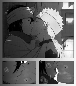 Rule 34 | 2boys, absurdres, adam's apple, against wall, border, closed eyes, commentary, english commentary, facial mark, forehead protector, french kiss, from side, greyscale, highres, kiss, male focus, moaning, monochrome, multiple boys, naruto (series), open mouth, saliva, saliva trail, short hair, themidnights0ng, uchiha sasuke, uzumaki naruto, whisker markings, yaoi