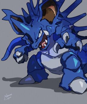 absurdres alternate_color clawed_feet clenched_hand commentary_request gen_1_pokemon grey_background highres horns looking_at_viewer nidoking nintendo no_humans official_alternate_color open_mouth outstretched_arm pokemon pokemon_(creature) reaching reaching_towards_viewer sekimerou shadow sharp_teeth shiny_pokemon simple_background single_horn spikes teeth tongue tusks