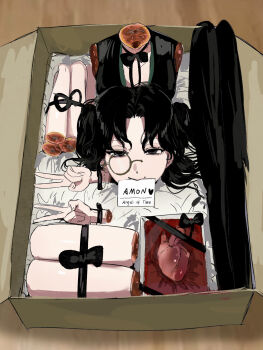 1girl absurdres amon_(lord_of_the_mysteries) amputee black_eyes black_hair bow bowtie box breasts butchered closed_mouth dismemberment dissected double_v english_text ero_guro genderswap genderswap_(mtf) guro heart heart_(organ) highres in_box in_container kikinotamai long_hair looking_at_viewer lord_of_the_mysteries medium_breasts monochrome mutilation organs quadruple_amputee ribbon severed_arm severed_head severed_leg severed_limb smile solo twintails v