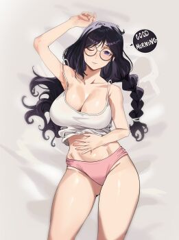 Rule 34 | 1girl, absurdres, alternate costume, arm up, armpits, bed sheet, black hair, blush, braid, breasts, camisole, camisole lift, cleavage, clothes lift, collarbone, commentary, english text, firstdayiyui, from above, gluteal fold, hand on own stomach, hanekawa tsubasa, highres, huge breasts, long hair, looking at viewer, lying, messy hair, monogatari (series), navel, on back, one eye closed, panties, parted lips, pink panties, purple eyes, sleepy, solo, spaghetti strap, speech bubble, strap slip, thighs, underwear, underwear only, white camisole