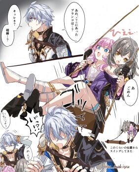 1boy 2girls :o ahoge black_gloves blue_eyes breasts coat commentary_request cyrene_(aedes_elysiae)_(honkai:_star_rail) cyrene_(honkai:_star_rail) dress gloves grey_hair honkai:_star_rail honkai_(series) medium_hair motion_lines multiple_girls on_swing phainon_(honkai:_star_rail) pink_hair purple_coat sandals short_hair small_breasts speech_bubble speed_lines stelle_(honkai:_star_rail) sweatdrop swing thigh_strap thighs trailblazer_(honkai:_star_rail) translation_request tsuyuki_yuki white_background white_coat white_dress white_hair yellow_eyes