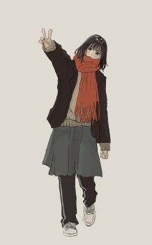 1girl black_eyes black_hair black_jacket black_pants blush brown_sweater full_body grey_skirt highres izumi_mizu1001 jacket open_mouth original pants red_scarf scarf shoes short_hair simple_background skirt solo sweater v walking white_shoes