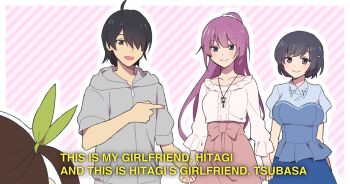 Rule 34 | 1boy, 3girls, ahoge, araragi koyomi, bisexual female, black hair, blue eyes, breasts, brown hair, commentary, english commentary, english text, green ribbon, hachikuji mayoi, hair ornament, hair over one eye, hair ribbon, hairclip, hanekawa tsubasa, highres, jewelry, large breasts, long hair, manimani (mani ma), meme, monogatari (series), multiple girls, open mouth, pendant, purple eyes, purple hair, ribbon, senjougahara hitagi, short hair, smile