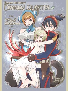 Rule 34 | 1boy, 2girls, anniversary, arms around neck, bare shoulders, barefoot, black hair, blonde hair, blue hat, blunt bangs, breasts, breath of fire, breath of fire v, brown hair, chest jewel, copyright name, cropped legs, dated, dress, fingerless gloves, gloves, hair between eyes, hair over one eye, hat, lin (breath of fire), maruno, medium breasts, multiple girls, nina (breath of fire v), one eye closed, open mouth, panties, parted lips, ponytail, ribbed thighhighs, ryu (breath of fire v), sideboob, smile, thighhighs, twitter username, underwear, white dress, white panties