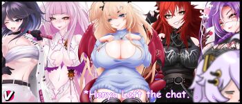 6+girls =_= absurdres ahoge arthropod_girl belt black_belt black_gloves black_hair black_jacket black_pants black_shirt black_thighhighs blonde_hair blue_eyes blue_sweater breasts character_name chest_sarashi cleavage cleavage_cutout clothing_cutout cockroach_girl dragon_girl dragon_horns dragon_tail dragon_wings dress fang gloves grey_hair hand_on_own_hip henya_the_genius highres hime_hajime hime_hajime_(1st_costume) holding holding_letter horns jacket jared_(michi_mochievee) kson large_breasts letter long_hair looking_at_viewer matara_kan matara_kan_(1st_costume) michi_mochievee monster_girl multicolored_jacket multiple_girls pants pink_dress pink_hair power_symbol_hair_ornament red_hair sarashi shihir09 shirt skin_fang smile souchou stitched_face stitches stomach_cutout sweater tail thighhighs tongue tongue_out two-tone_jacket two_side_up virtual_youtuber vshojo white_belt white_dress white_jacket wings yellow_eyes zentreya zentreya_(dragon) zentreya_(dragon)_(metalheads)