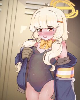 1girl 4th_lol aoba_(blue_archive) black_leotard blonde_hair blue_archive blue_jacket blush bow bowtie breasts brown_gloves covered_navel cowboy_shot gloves halo highleg highleg_leotard highres indoors jacket large_variant_set leotard locker loli long_hair long_sleeves looking_at_viewer low_twintails nose_blush open_clothes open_jacket open_mouth red_eyes small_breasts solo strapless strapless_leotard twintails variant_set yellow_bow yellow_bowtie yellow_halo