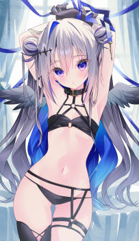 1girl absurdres amane_kanata armpits arms_up bikini black_bikini black_collar black_gloves black_thighhighs blue_hair bound bound_wrists chest_harness collar colored_inner_hair commentary double-parted_bangs double_bun english_commentary feathered_wings flat_chest garter_straps gloves gluteal_fold gradient_wings grey_hair grey_wings hair_between_eyes hair_bun halo harness highres hololive long_hair looking_at_viewer mini_wings multicolored_hair multicolored_wings navel o-ring o-ring_harness o-ring_top open_mouth purple_eyes single_garter_strap single_hair_intake single_thighhigh solo star_halo stomach streaked_hair swimsuit thigh_strap thighhighs tilted_halo ureinnn very_long_hair virtual_youtuber wings
