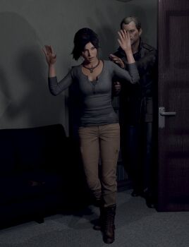 1boy 1girl 3d absurdres breasts brown_eyes brown_hair hands_up highres jewelry konstantin lara_croft necklace skvrwiel tomb_raider weapon