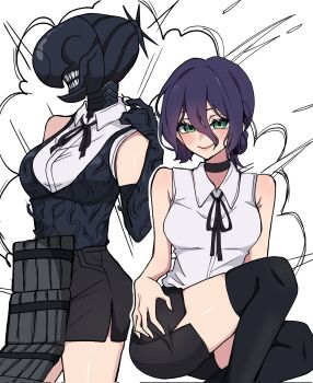 1girl apron black_apron black_choker black_gloves black_ribbon black_shorts black_thighhighs bomb_devil_(chainsaw_man) chainsaw_man choker dynamite elbow_gloves explosive gloves green_eyes hair_between_eyes highres miovartz neck_ribbon object_head purple_hair reze_(chainsaw_man) ribbon shirt shorts sleeveless sleeveless_shirt thighhighs white_shirt