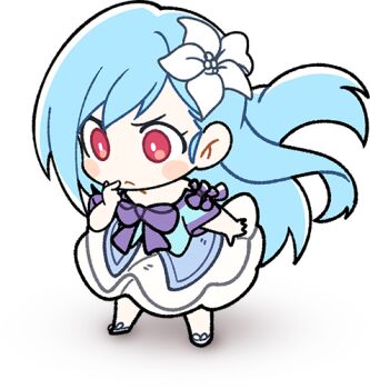 1girl aqua_hair aqua_shirt artist_request asymmetrical_bangs benya_(tales_weaver) blush_stickers bow bright_pupils chibi chibi_only closed_mouth dress eyelashes finger_to_mouth flower hair_flower hair_ornament layered_dress legs_apart long_hair medium_dress nexon no_nose off-shoulder_shirt off_shoulder official_art purple_bow red_eyes second-party_source shirt shirt_bow shoes sidelocks sleeve_bow solo standing straight_hair strapless strapless_shirt tales_weaver very_long_hair white_dress white_flower white_pupils white_shoes