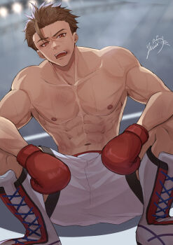 1boy abs absurdres bara boxing boxing_gloves boxing_ring boxing_shorts brown_eyes brown_hair collarbone commentary_request full_body highres male_focus muscular muscular_male nipples open_mouth original pectorals reveal0704 short_hair shorts signature solo squatting sweat teeth topless_male upper_teeth_only
