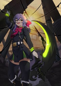 1girl absurdres arm_at_side belt black_boots black_skirt black_thighhighs boots bow bowtie breasts brown_eyes commentary commission from_below full_body gloves glowing glowing_lines glowing_weapon hair_between_eyes hair_bow hand_up highres hiiragi_shinoa holding holding_scythe long_sleeves looking_at_viewer looking_down medium_hair miniskirt non-web_source open_mouth owari_no_seraph purple_hair school_uniform scythe skirt small_breasts smile smug solo standing suburb teeth thighhighs upper_teeth_only weapon white_belt white_gloves zettai_ryouiki
