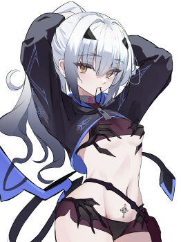 Rule 34 | 1girl, absurdres, arms up, bikini, black bikini, black shrug, breasts, commentary request, dragon wings, fate/grand order, fate (series), forked eyebrows, high ponytail, highres, long hair, long sleeves, looking at viewer, melusine (fate), melusine (swimsuit ruler) (fate), melusine (swimsuit ruler) (first ascension) (fate), mouth hold, navel, ponytail, shrug (clothing), sidelocks, small breasts, solo, stomach tattoo, swimsuit, tail, tattoo, tying hair, white hair, wings, yellow eyes, yugusan5